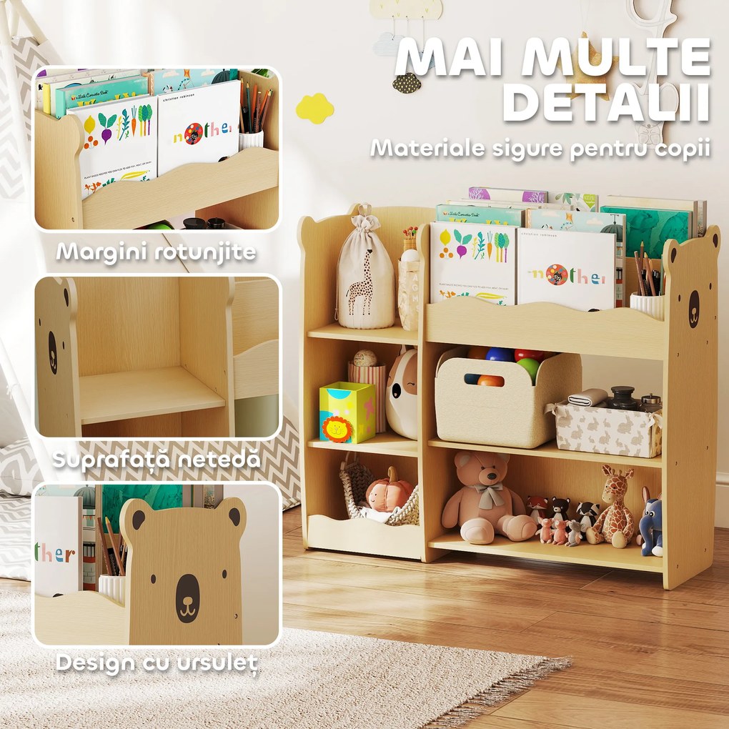 AIYAPLAY Raft pentru Jucării pentru Copii 3-8 Ani cu 7 Rafturi Deschise, Mobilier pentru Copii din MDF, 92x29x79 cm, Culoare Lemn | Aosom Romania