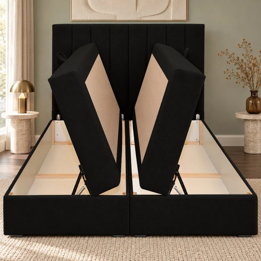 Pat boxspring din catifea Novella cu ladă 180×200 cm, negru