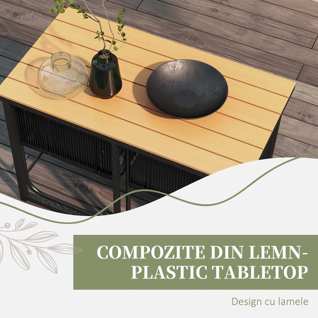 Outsunny Set de dining din 3 piese din ratan pentru terasa, Masa si scaune pentru exterior pentru 2 persoane cu blat din lemn compozit