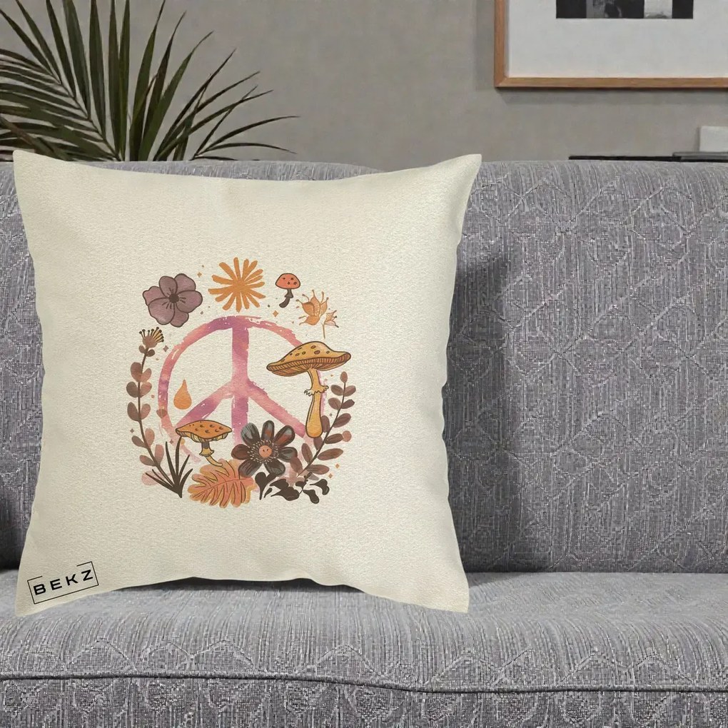 Perna Decorativa Peace Ciuperci Boho, 40x40 cm, Ecru, Husa Detasabila, Perna Inclusa, BEKZ®