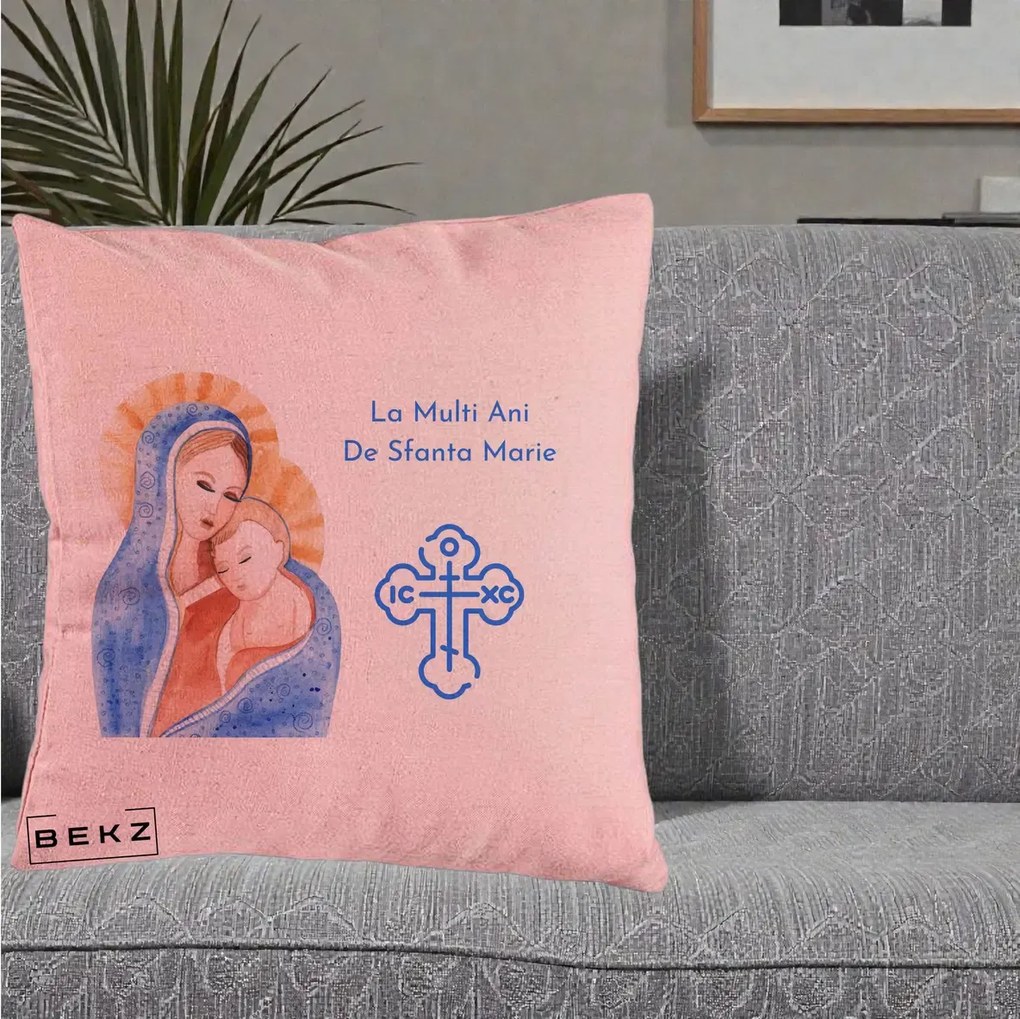Cadou de Onomastica - Perna Personalizata Sfanta Marie Icoana Acuarela, 40x40 cm, Roz, Husa Detasabila, Perna Inclusa, BEKZ®