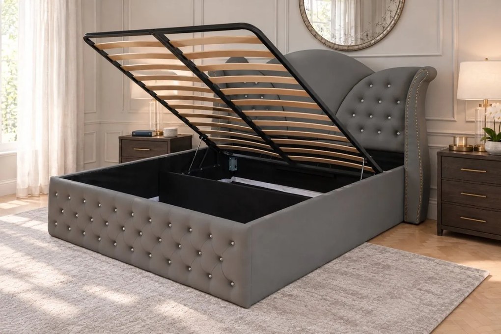Pat tapițat Chesterfield din catifea Velora Cristal 140×200 cm, gri închis, cu ladă de depozitare