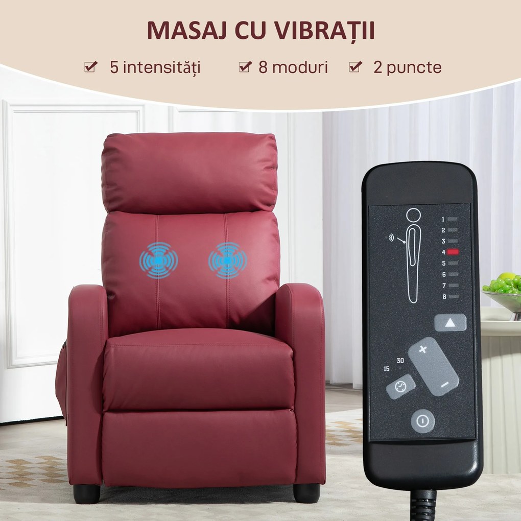 HOMCOM Fotoliu de Masaj cu 8 Moduri, 5 Intensități,  Suport pentru Picioare și Telecomandă, 68x88x98 cm, Roșu | Aosom Romania