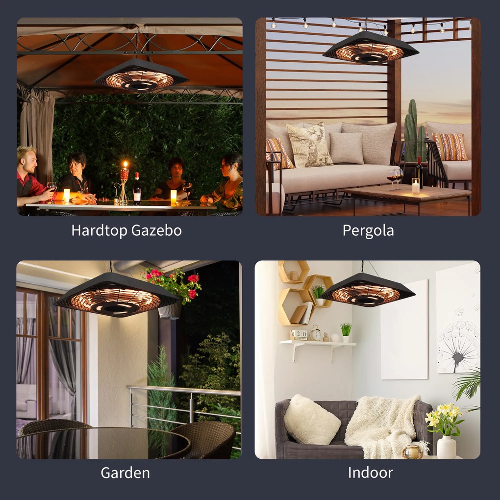 Outsunny Lampa pentru Incalzire in Aer Liber cu Lumina, 3 Niveluri de Putere 800W/1200W/2000W si Telecomanda, 45x45x10cm, Negru