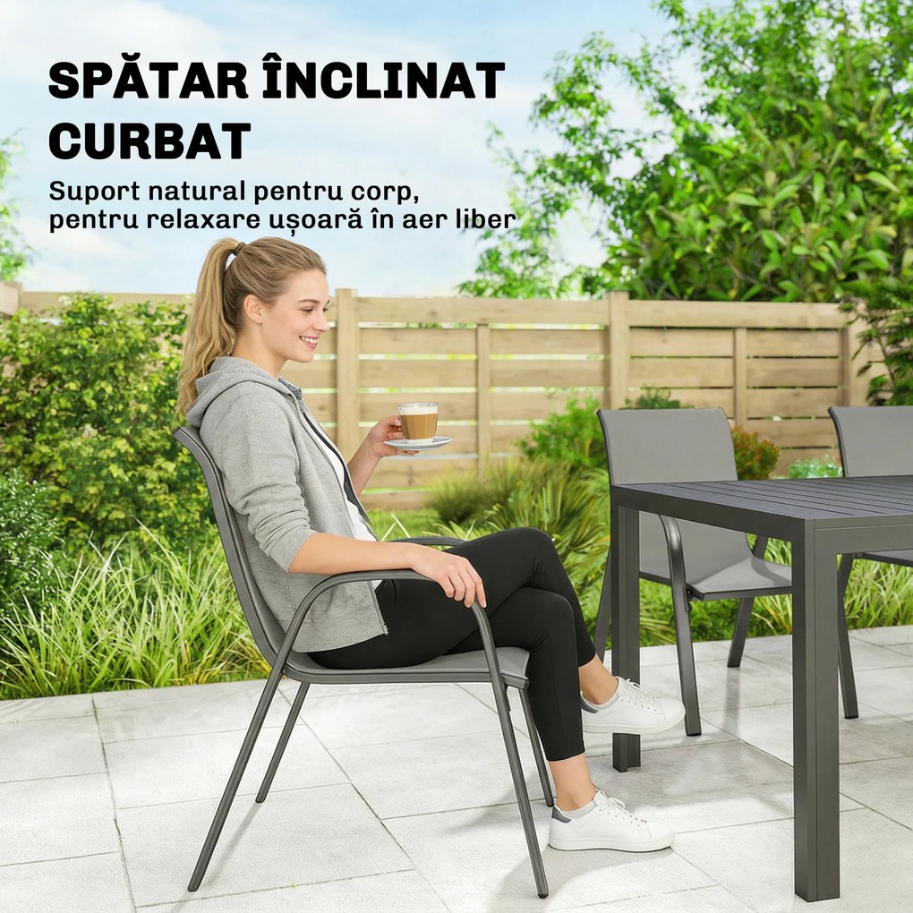 Outsunny Set Masă și Scaune de Grădină 7 Piese, Set Prânz Exterior cu Masă Dreptunghiulară, 6 Scaune Stivuibile din Textilenă, Set Mobilier de Grădină pentru Terasă, Balcon, Patio, Gri Deschis | Aosom Romania