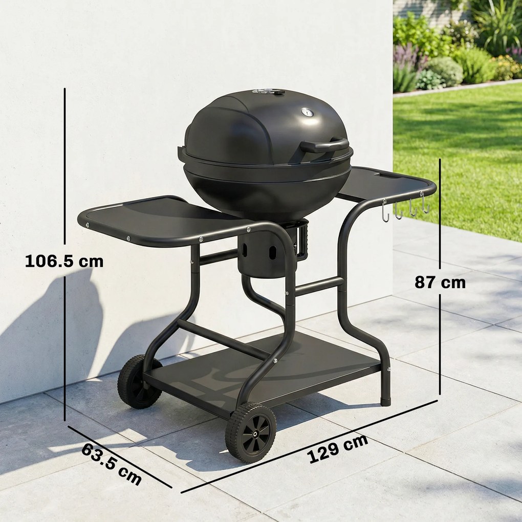 Outsunny Grătar pe cărbuni BBQ Smoker cu mese laterale, termometru în capac, roți 129 x 63,5 x 106,5 cm | Aosom Romania