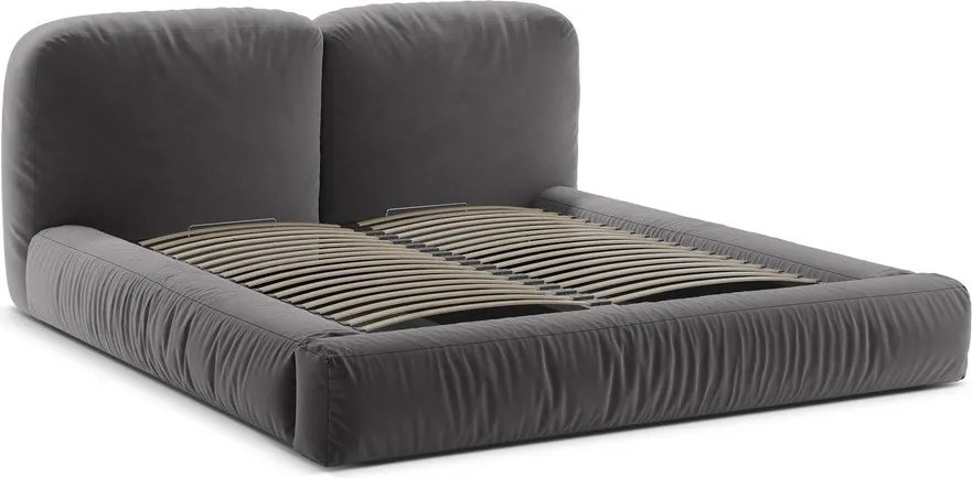 Pat matrimonial gri tapițat cu spațiu de depozitare cu somieră 200x200 cm Martina – Micadoni