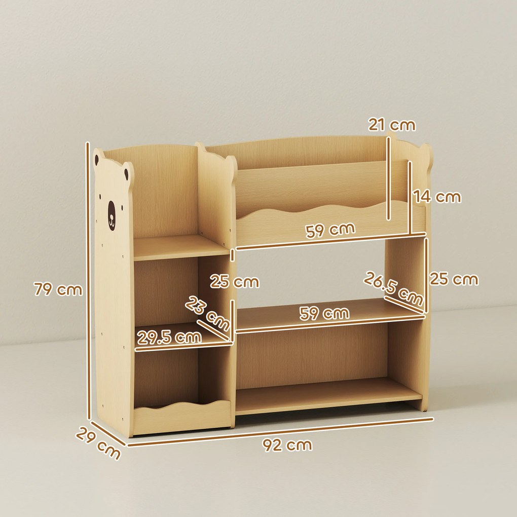 AIYAPLAY Raft pentru Jucării pentru Copii 3-8 Ani cu 7 Rafturi Deschise, Mobilier pentru Copii din MDF, 92x29x79 cm, Culoare Lemn | Aosom Romania