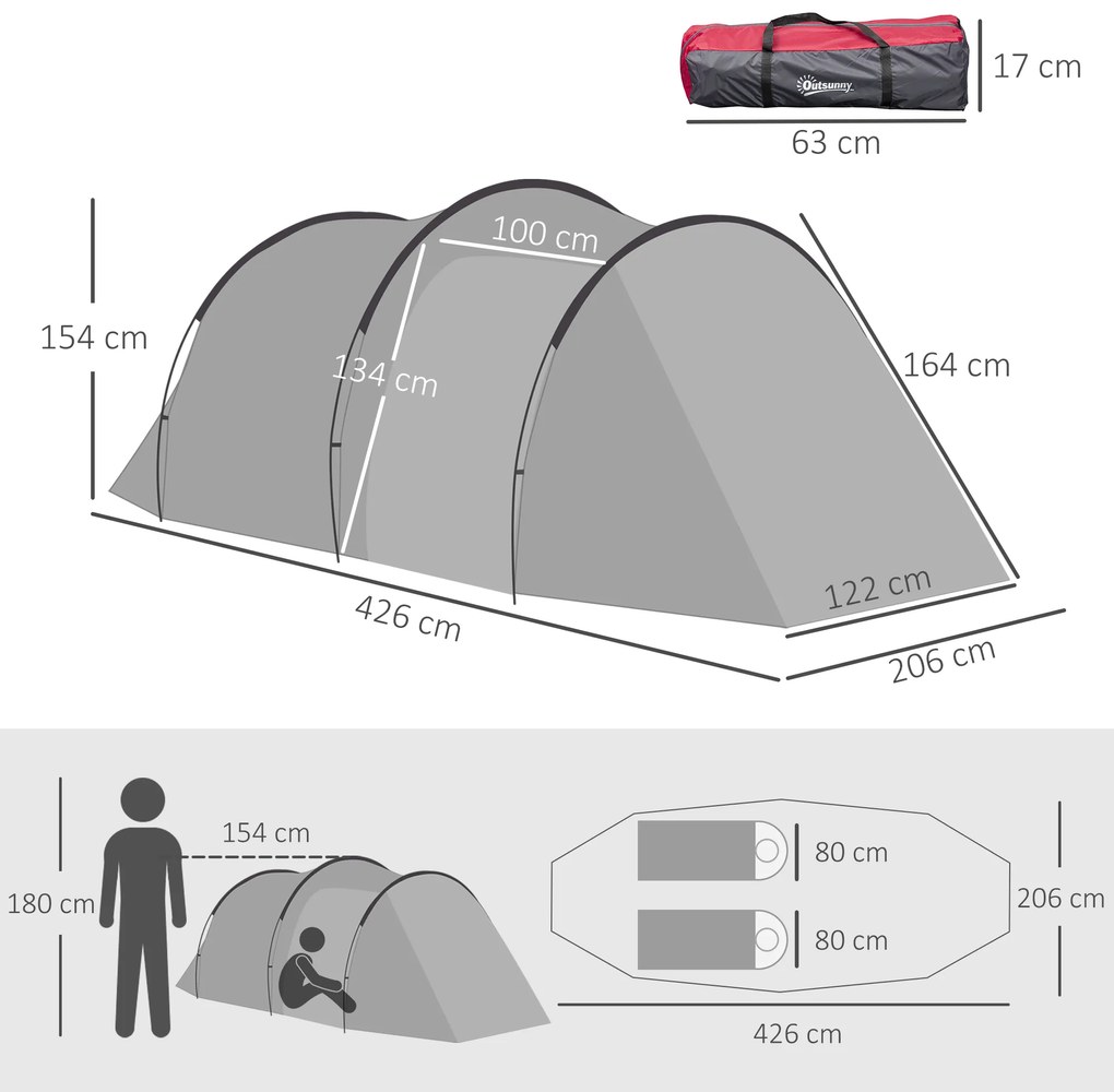 Outsunny Cort pentru Camping 2 Locuri cu Vestibul Mare, Cort Impermeabil Usi cu Fermoar, 426x206x154cm Gri | Aosom Romania