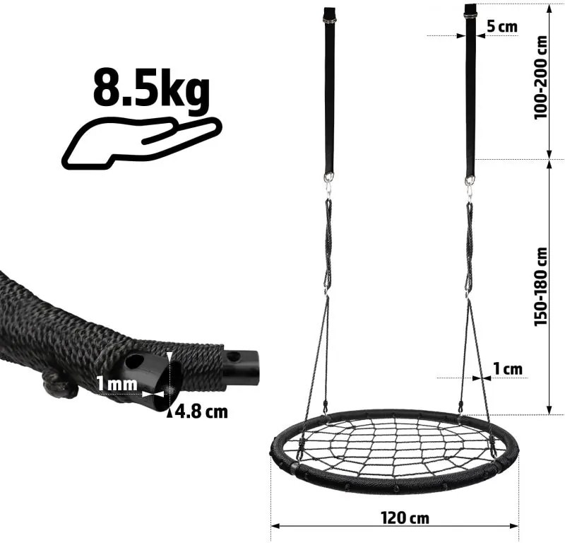 Physionics leagăn în formă de cerc, plasă, 120 cm, negru