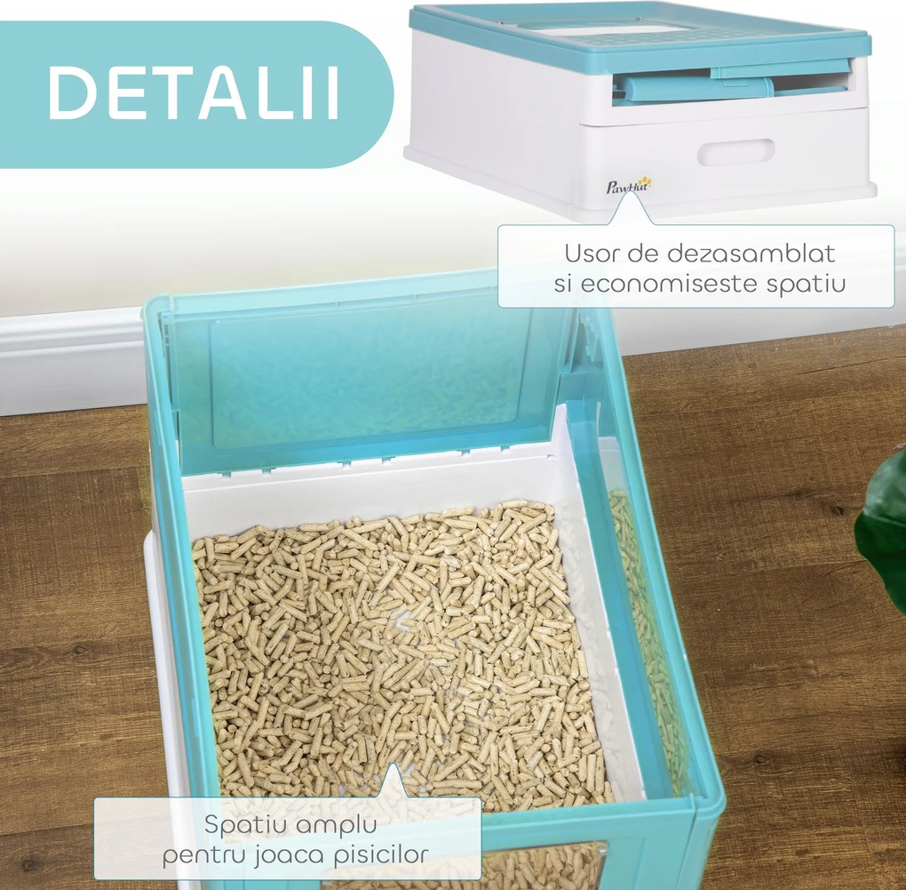 PawHut Litieră pentru Pisici Închisă cu Lopățică, Tavă Detașabilă și 2 Uși, 47.5x35.5x36.7cm, Albastru | Aosom Romania