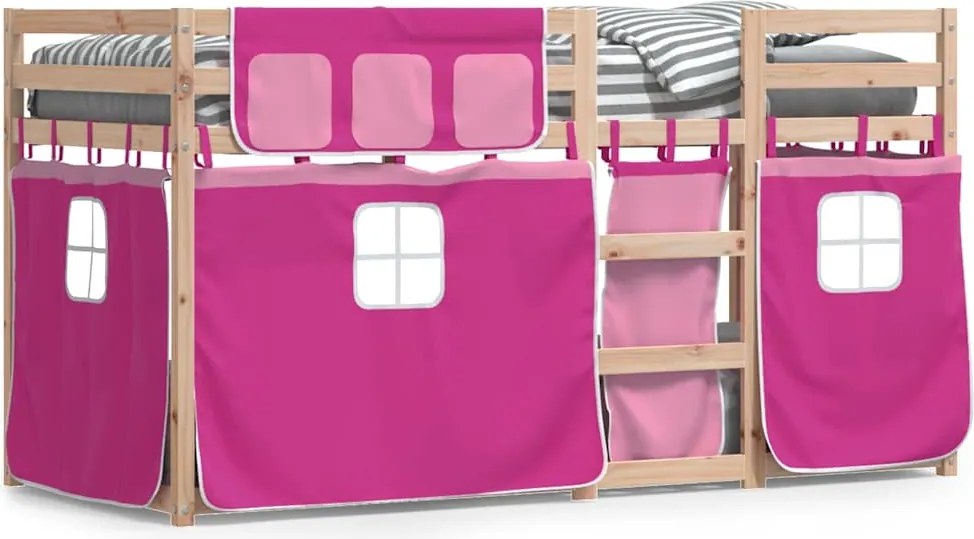 vidaXL Pat supraetajat cu perdele, roz, 75x190 cm, lemn masiv pin
