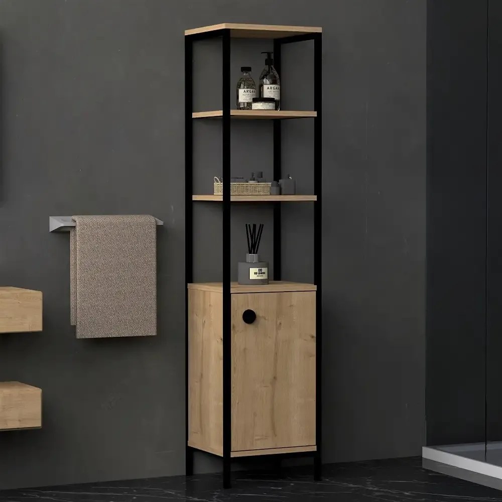 Dulap  Charlie pentru baie culoare stejar si negru 162 cm