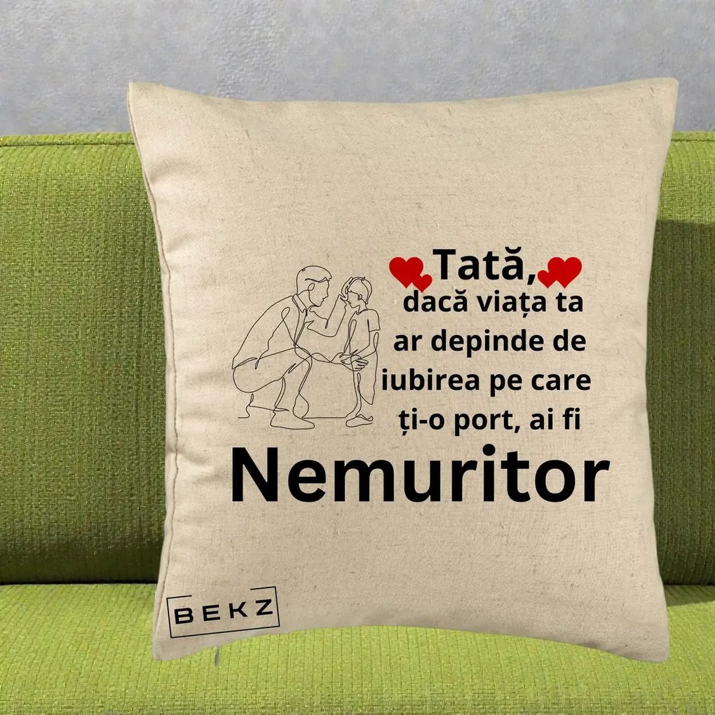 Cadou pentru Tata - Perna Personalizata Tata Nemuritor Baietel, 40x40 cm, Bej, Husa Detasabila, Perna Inclusa, BEKZ®