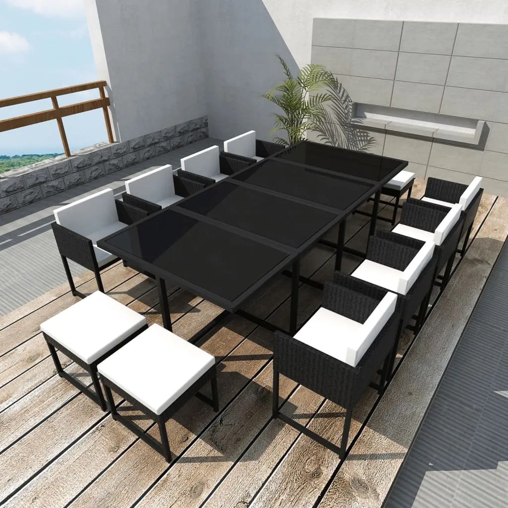 42764 vidaXL Set mobilier de exterior cu perne, 13 piese, negru, poliratan
