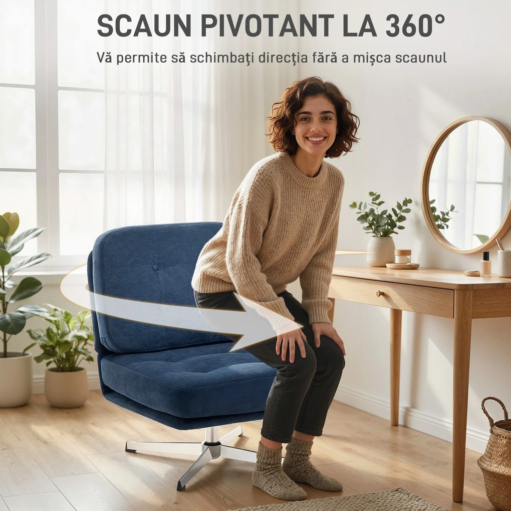 HOMCOM Fotoliu de Living Pivotant Îmbrăcat în Chenilă cu Șezut Lat, Fotoliu Modern pentru Dormitor cu Picioare Metalice, Albastru Închis | Aosom Romania