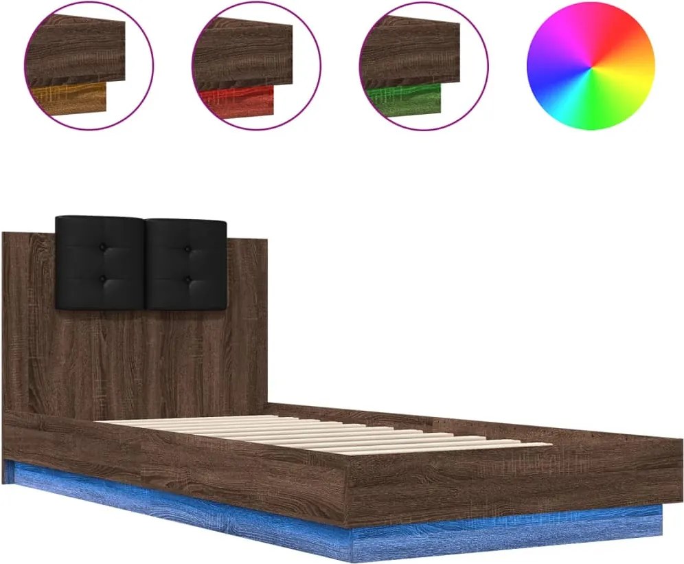 vidaXL Cadru de pat cu tăblie și lumini LED, stejar maro, 90x200 cm