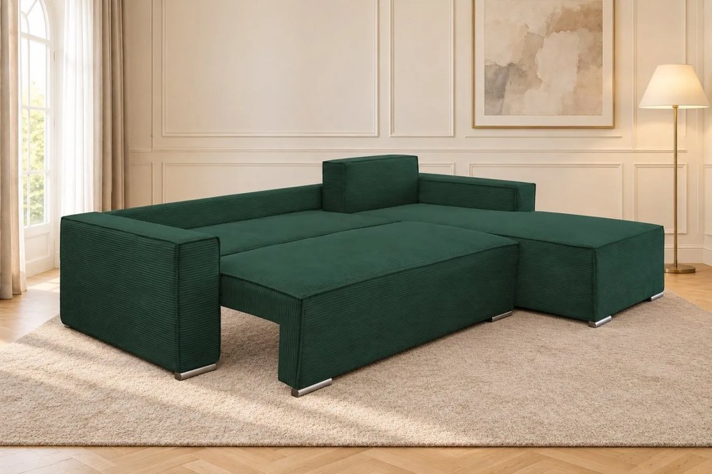 Colțar extensibil Livia Mini din catifea reiată, verde, colț pe dreapta, cu ladă de depozitare