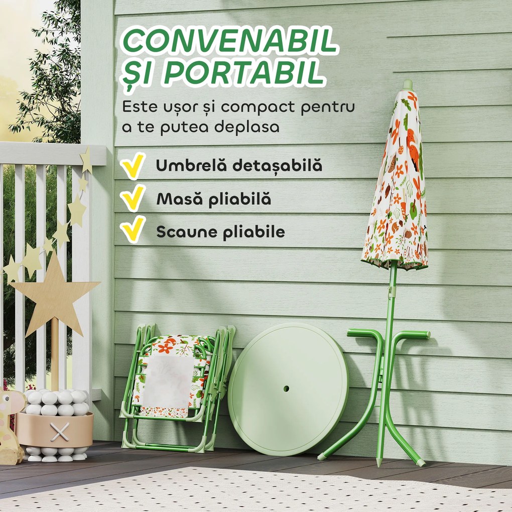 AIYAPLAY Set de Mobilier de Grădină din 4 Piese cu Masă, Scaune și Umbrelă de Soare Reglabilă, 50xΦ49,5 cm, Verde | Aosom Romania