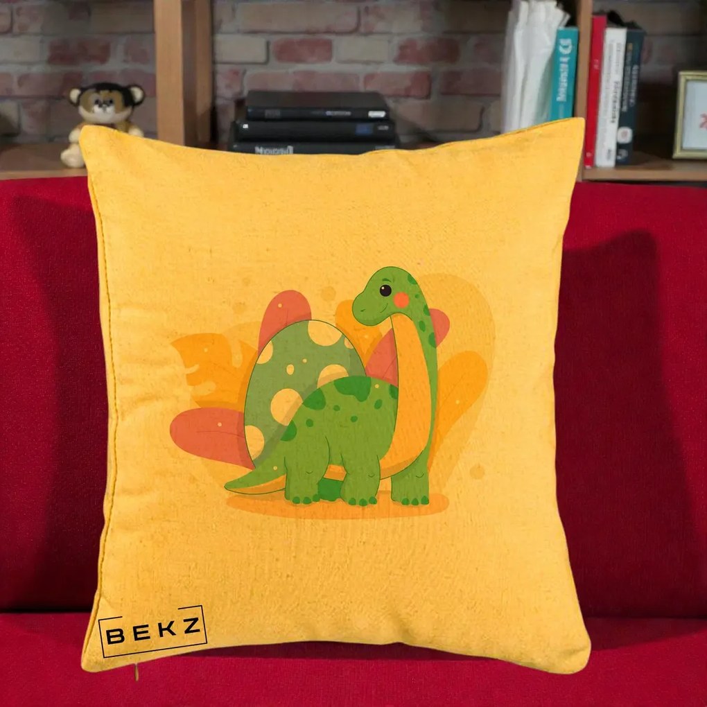 Perna Personalizata Dinozaur cu Ou Pastelat, 40x40 cm, Galben, Husa Detasabila, Perna Inclusa, BEKZ®