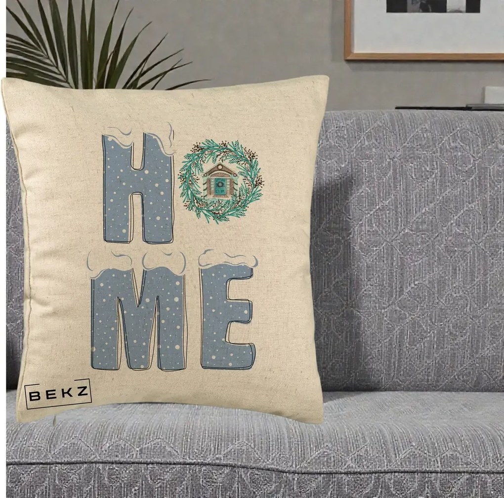 Perna Decorativa HOME Iarna cu Coroana, 40x40 cm, Bej, Husa Detasabila, Perna Inclusa, BEKZ®