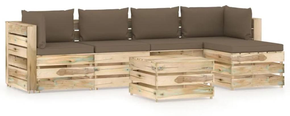 Set mobilier gradina cu perne, 6 piese, lemn impregnat verde Taupe in rjava, 6