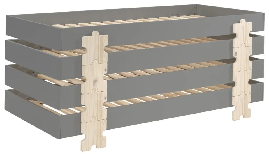 Set 4 paturi stivuibile pentru copii MODULO, gri, din MDF și pin masiv, cu somiere cu lamele incluse – Vipack