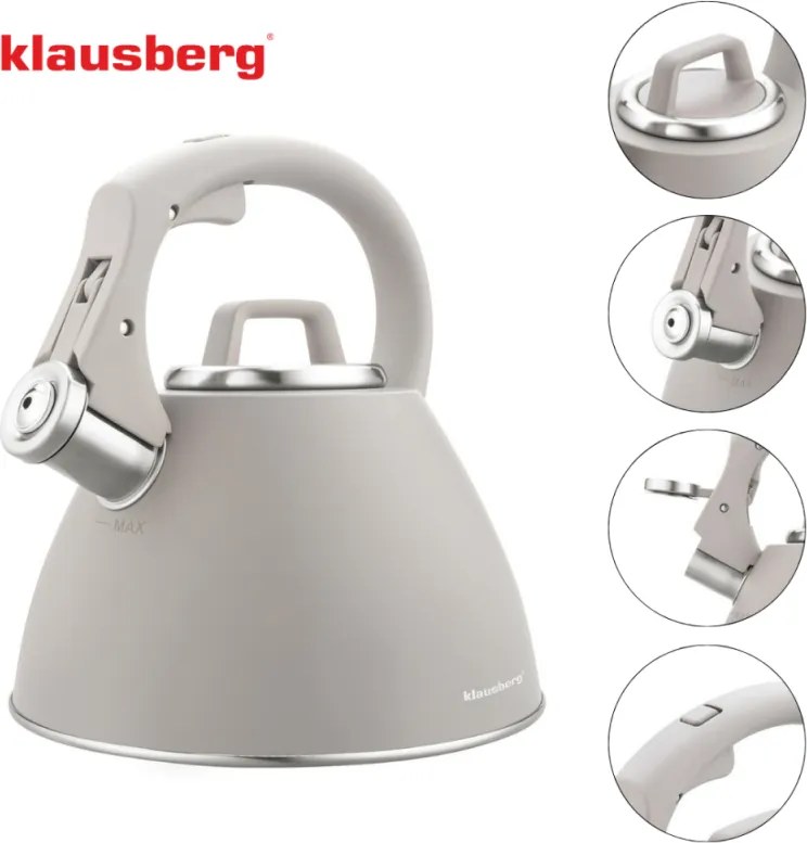 Fierbător fluierător Klausberg KB 7953, 2.5 l, Oțel inoxidabil, Mâner termoizolant, Inducție, Bej