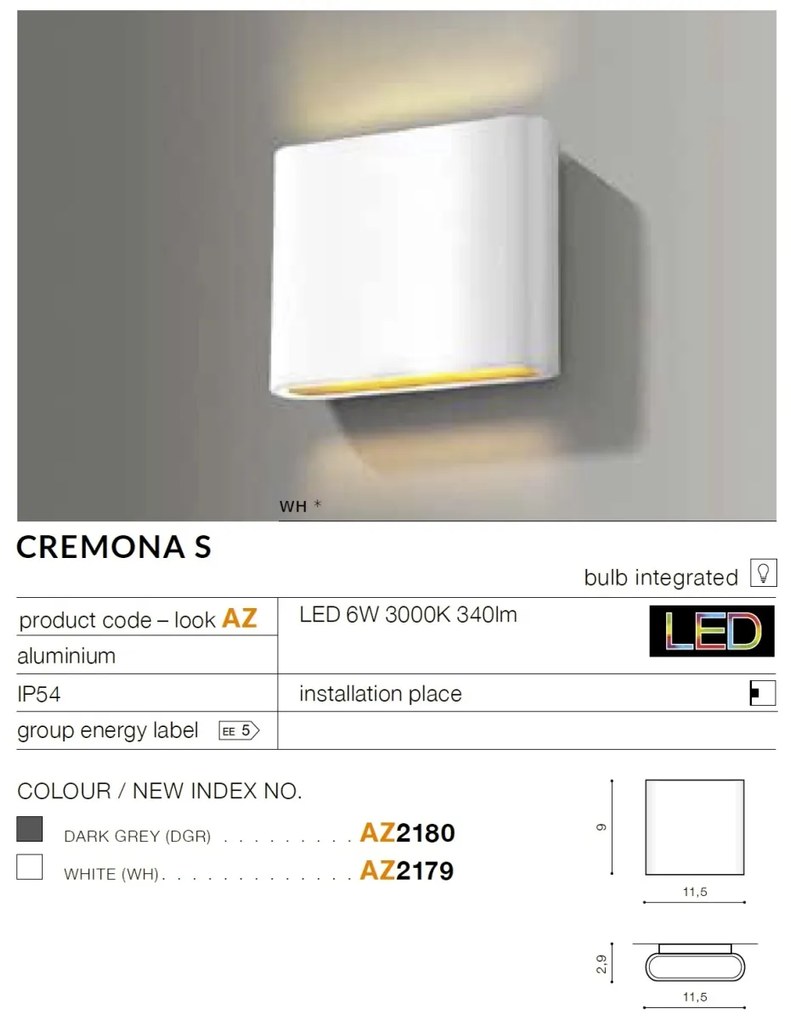 Aplica LED de perete exterior ambientala IP54 CREMONA S gri inchis
