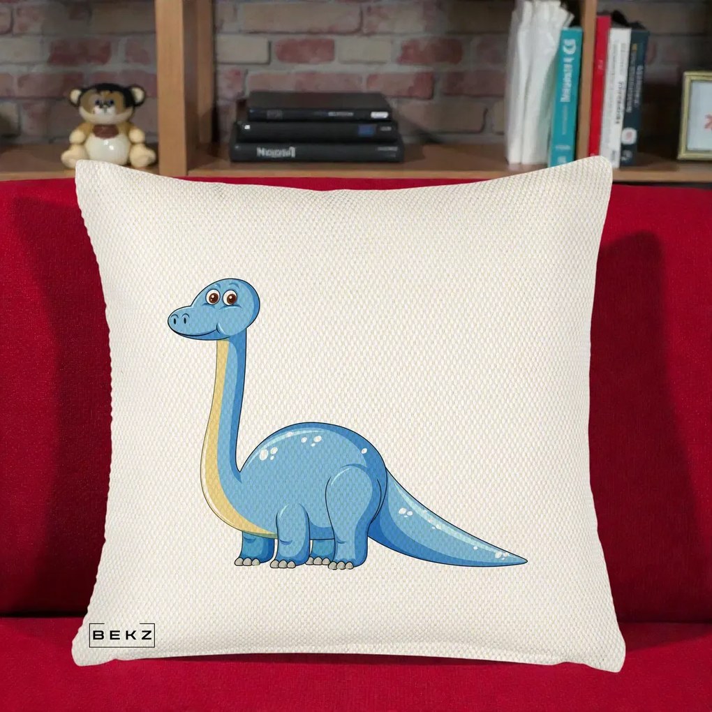 Perna Personalizata Brontosaur Albastru, 40x40 cm, Crem Reliefat, Husa Detasabila, Perna Inclusa, BEKZ®