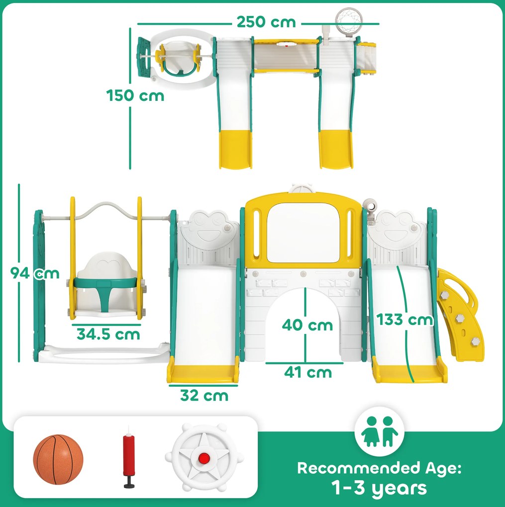 AIYAPLAY Set de topire și leagăn 9 în 1 pentru Copii, cu Coș de Baschet, Telescop, Tablă de Desen, Design de Broască, Galben+Verde | Aosom Romania