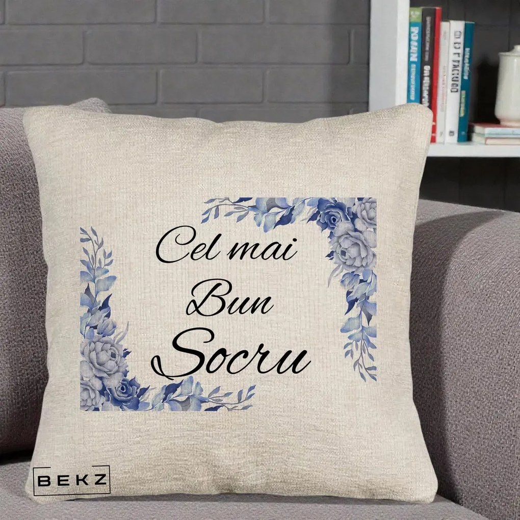 Cadou pentru Socru - Perna Personalizata Cel mai Bun Socru cu Flori Albastre Acuarela, 40x40 cm, Bej Canapea, Husa Detasabila, Perna Inclusa, BEKZ®