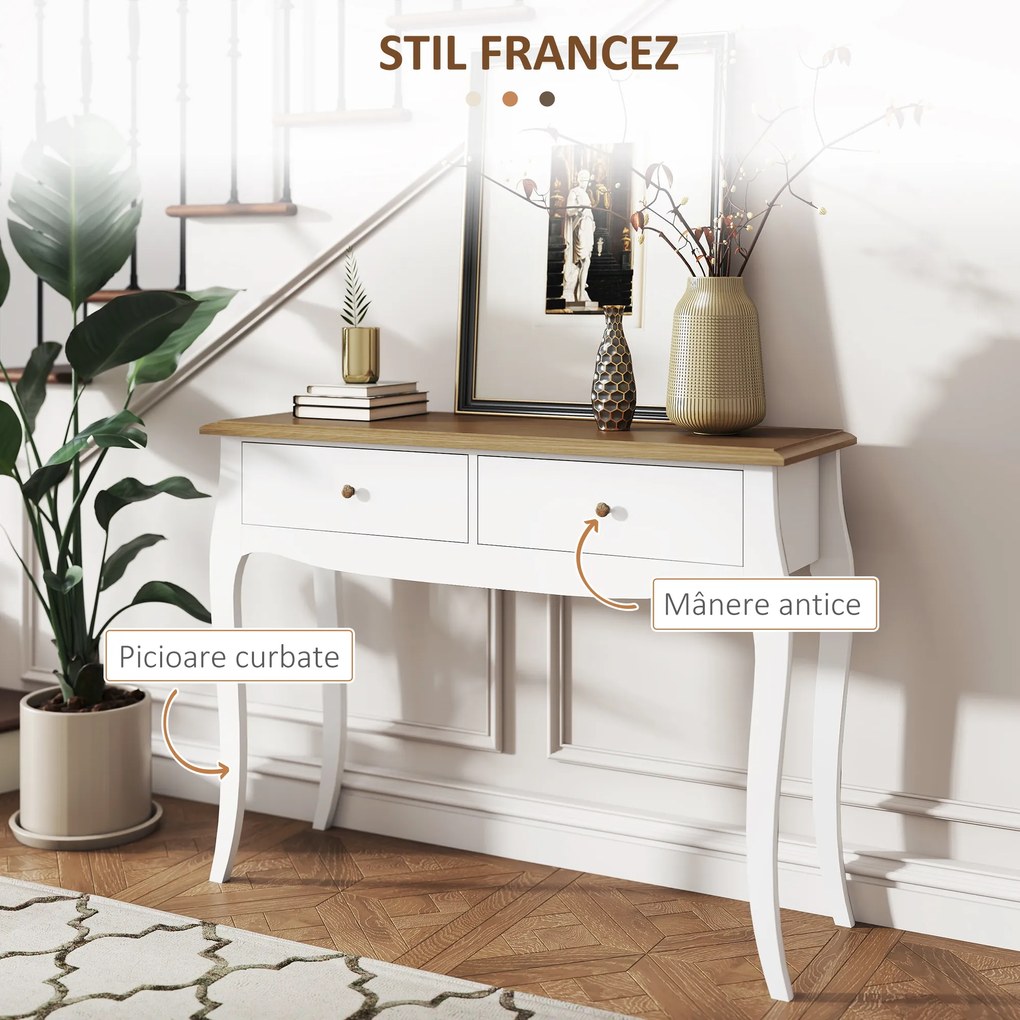 HOMCOM Masă Consolă Modernă cu 2 Sertare, Consolă de Intrare din MDF și PAL, 100x35x76,5 cm, Alb | Aosom Romania