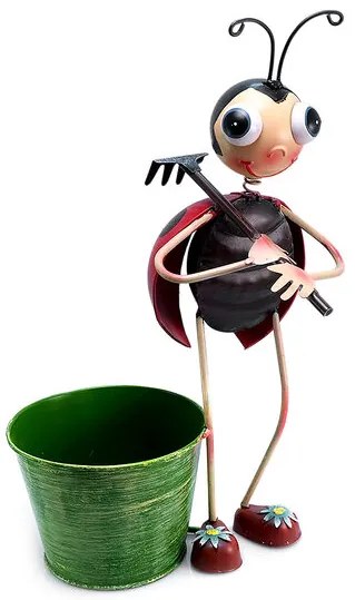 Decoratiune gradina, metalica, buburuza cu galeata, 19x12x35 cm