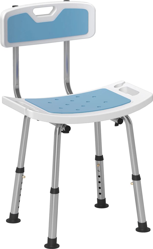 HOMCOM Scaun de Duș din Aluminiu și EVA, Reglabil pe 6 Niveluri, cu Spătar Curbat, 51,5x49,5x68,5-81 cm, Albastru Deschis și Alb | Aosom Romania