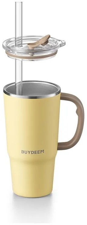 Pahar termo cu pai incorporat Buydeem DS57-MY, 700 ml, Cald/rece pana la 6 ore, Vid, Maner, Otel inoxidabil, Fara BPA, Galben