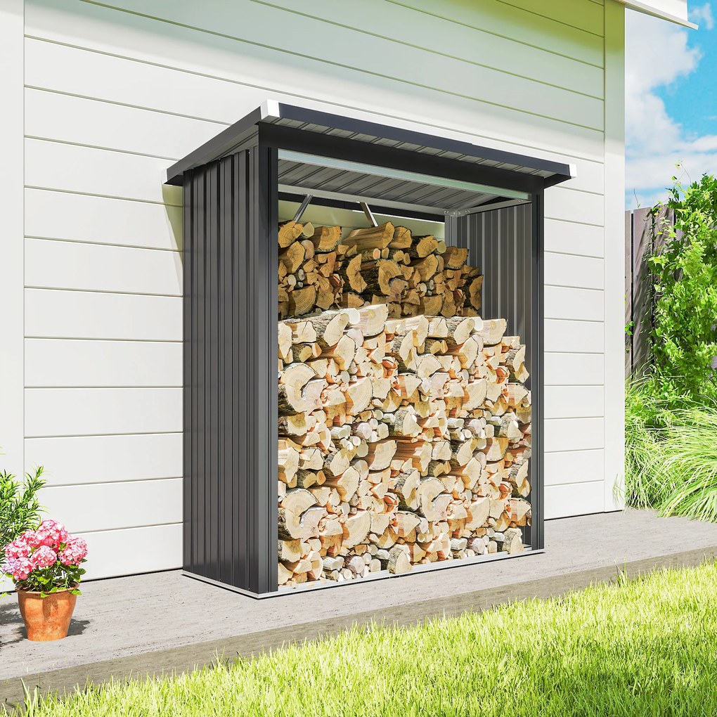 Outsunny Adăpost pentru Lemne din Oțel cu Bază Ridicată și Acoperiș Inclinat Gri | Aosom Romania