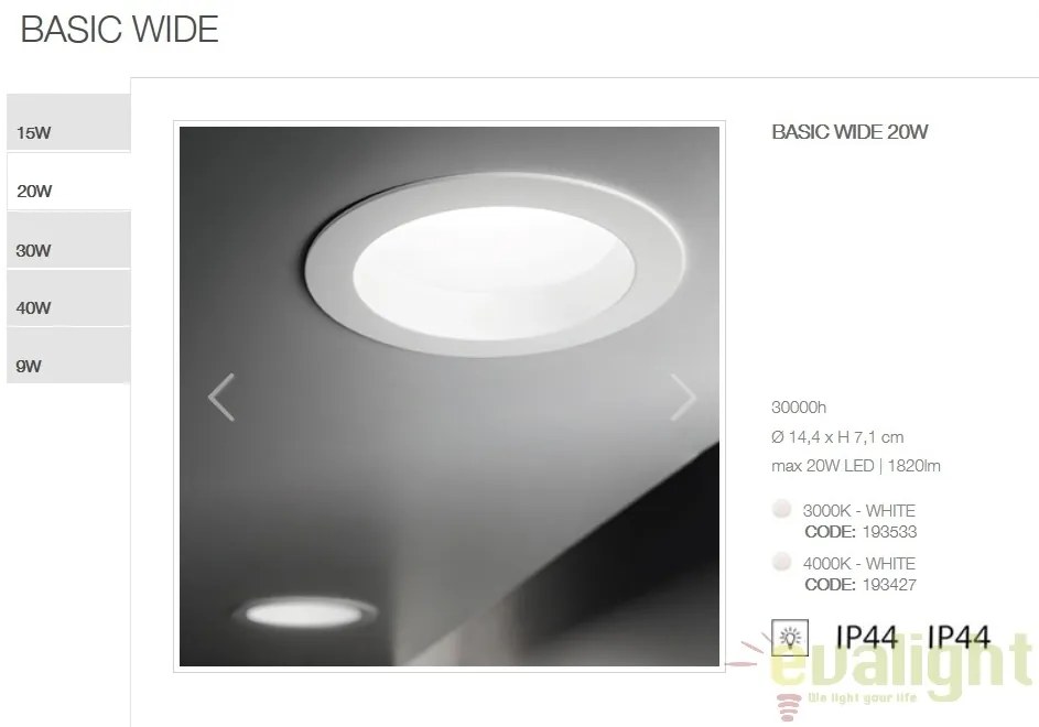 Spot LED incastrabil pentru baie BASIC WIDE 20W 3000K IP44 193533