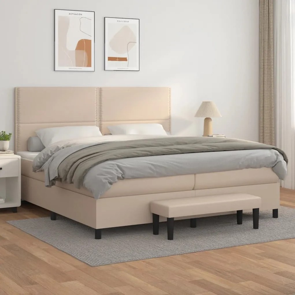 3137628 vidaXL Pat continental cu saltea, cappuccino, 200x200 cm, piele eco