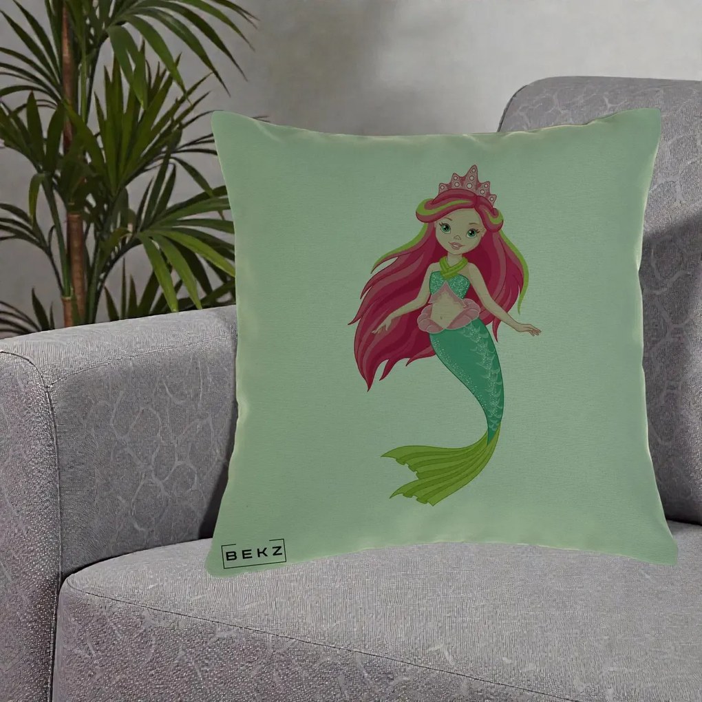 Perna Decorativa Sirena Roz cu Coroana, 40x40 cm, Verde, Husa Detasabila, Perna Inclusa, BEKZ®