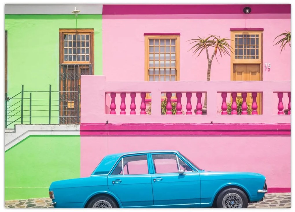 Tablou cu mașina - casele colorate (70x50 cm)
