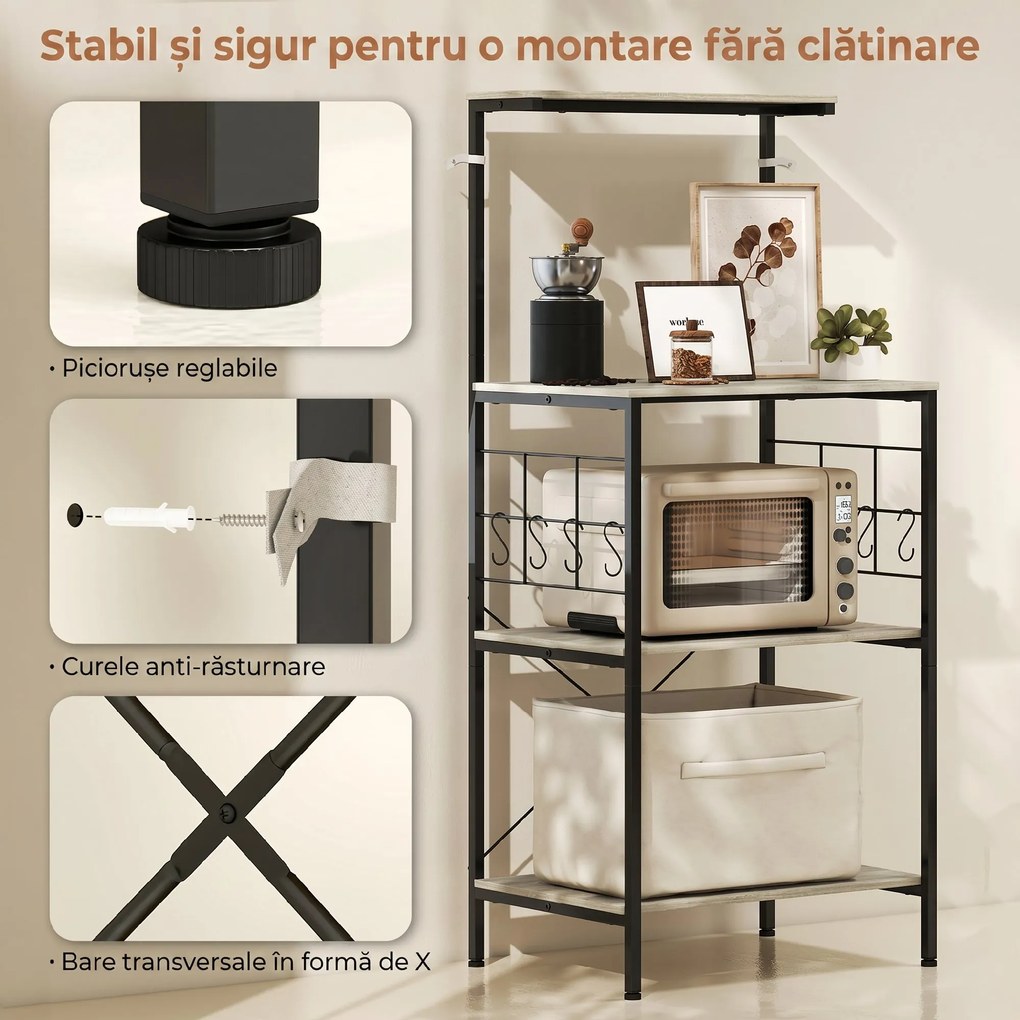 HOMCOM Raft de Bucătărie Stil Industrial cu 4 Nivele și 8 Cârlige Stejar | Aosom Romania