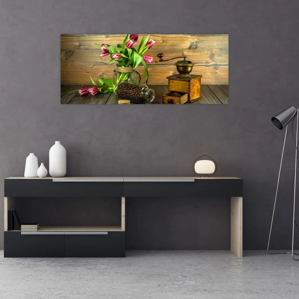Tablou - lalele, râșniță și cafea (120x50 cm)