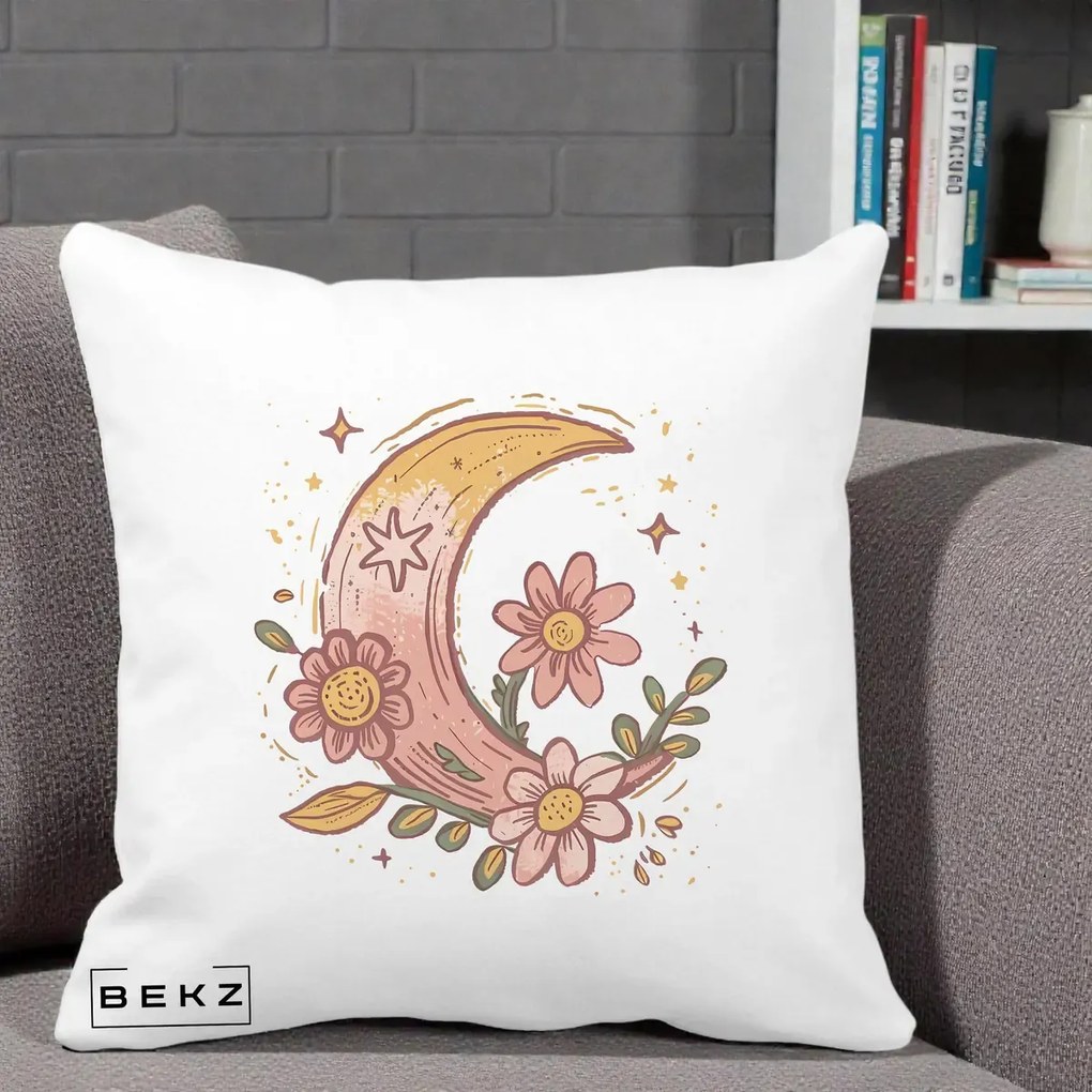 Perna Decorativa Luna Florala Boho, 40x40 cm, Alba Mata, Husa Detasabila, Perna Inclusa, BEKZ®