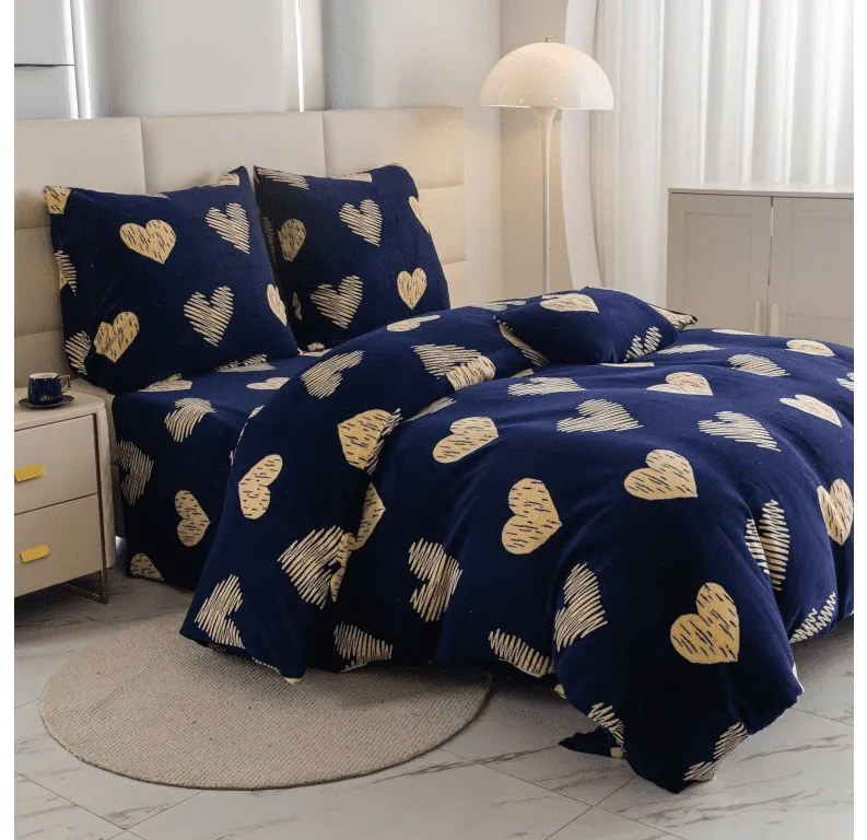 Lenjerie de pat microfleece GOLDEN HEARTS albastru inchis Dimensiunile lenjeriei: 70 x 90 cm | 140 x 200 cm