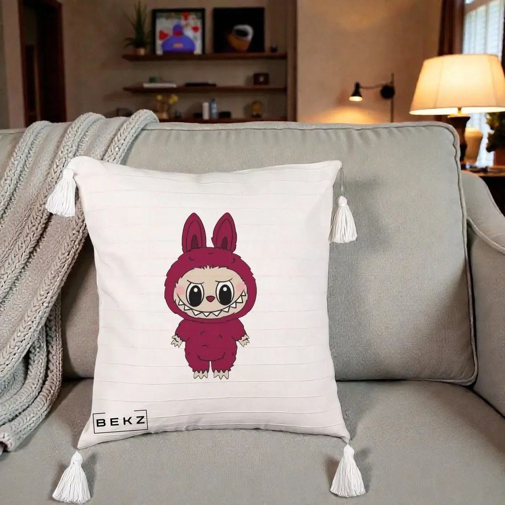 Perna Personalizata Labubu Rosu-Visiniu Solo, 40x40 cm, Bej cu Franjuri, Husa Detasabila, Perna Inclusa, BEKZ®