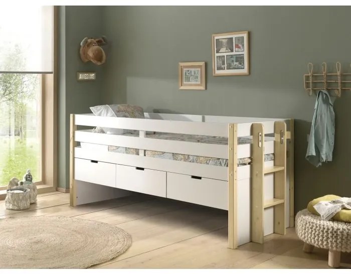 Pat pentru copii MARGRIT, 90 x 200 cm, alb cu tonuri naturale, cu 3 sertare pentru depozitare – Vipack