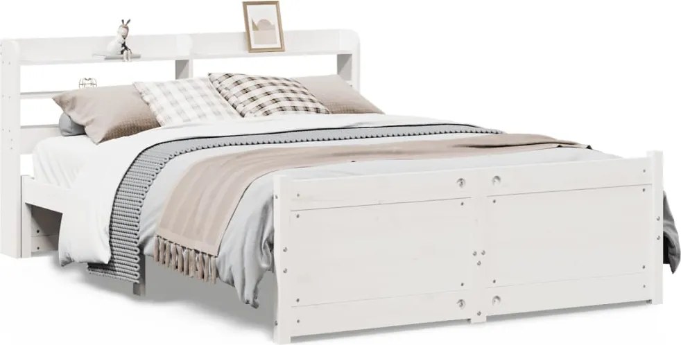 vidaXL Cadru de pat cu tăblie, alb, 135x190 cm, lemn masiv de pin