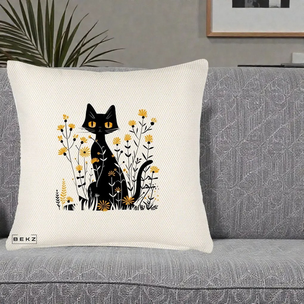Perna Decorativa Pisica Neagra Ochi Galbeni Flori Galbene, 40x40 cm, Crem Reliefat, Husa Detasabila, Perna Inclusa, BEKZ®