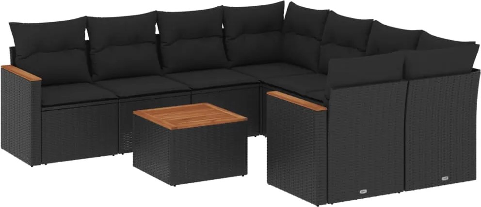 vidaXL Set mobilier de grădină cu perne, 9 piese, negru, poliratan
